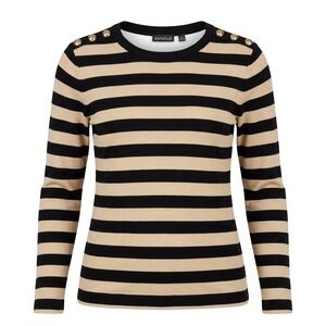 Rafaella Striped Long Sleeve Top Womens XS Black Tan Gold Shoulder Buttons